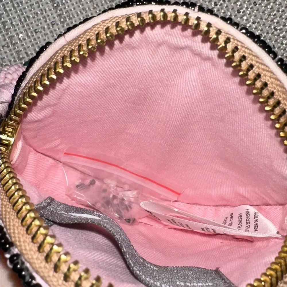 Anthropologie “ELF NOG” Nephthys Illustrated Beaded Disc Round Zip Coin Purse.